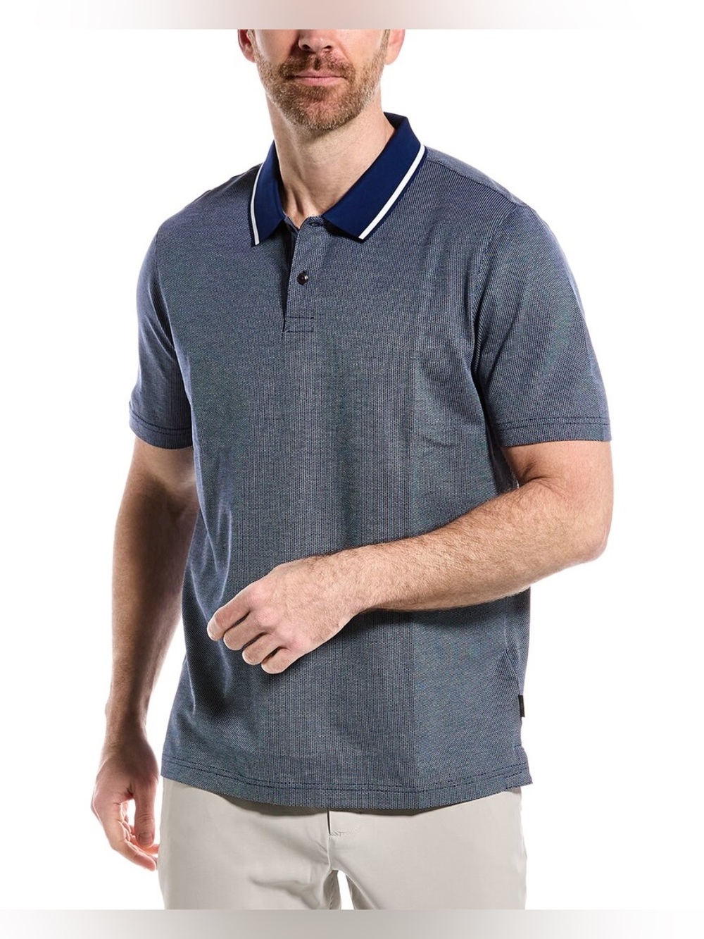 Ted Baker Polo Shirt Mens Size 5 L Blue Micro Pattern Tipped Collar Modern